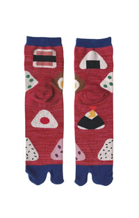 Front view of NINJA SOCKS' Rice Bowl Onigiri Tabi Toe Socks in RED PINK HEATHER/NAVY color with various kinds of onigiri designs