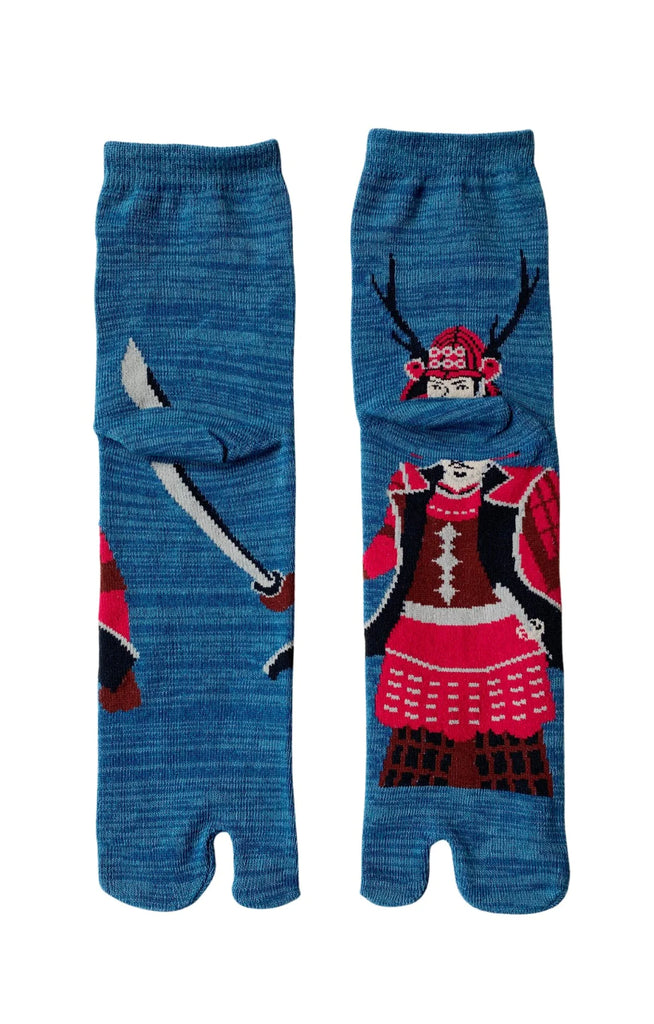 NINJA SOCKS' Samurai Warrior Tabi Toe Socks with a design of a samurai holding a sword on the back in BLUE HEATHER color
