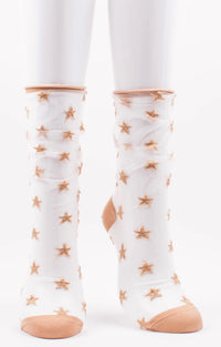 Photo of Tabbisocks product name Sparkle Star Tulle Sheer Clear Socks in white and gold