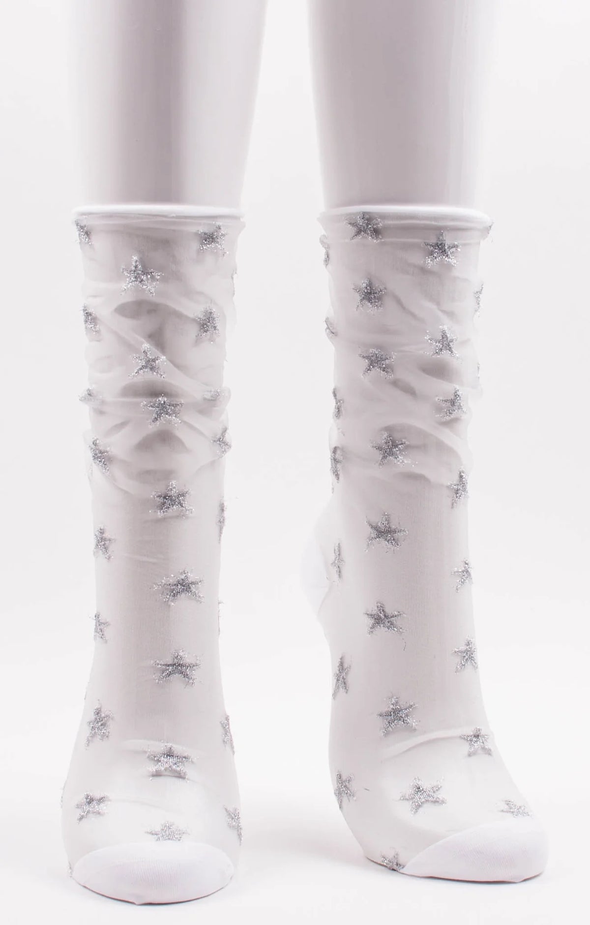 Photo of Tabbisocks product name Sparkle Star Tulle Sheer Clear Socks in white and silver