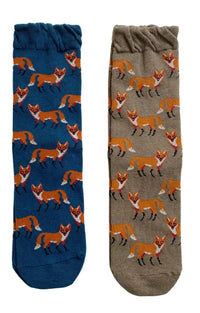 Sample photo of two pairs of Tabbisocks brand Animal Rescue Pairs SCHNAUZER Dog Socks with a grey/greenish fabric in olive and blue with an orange fox illustration on the front