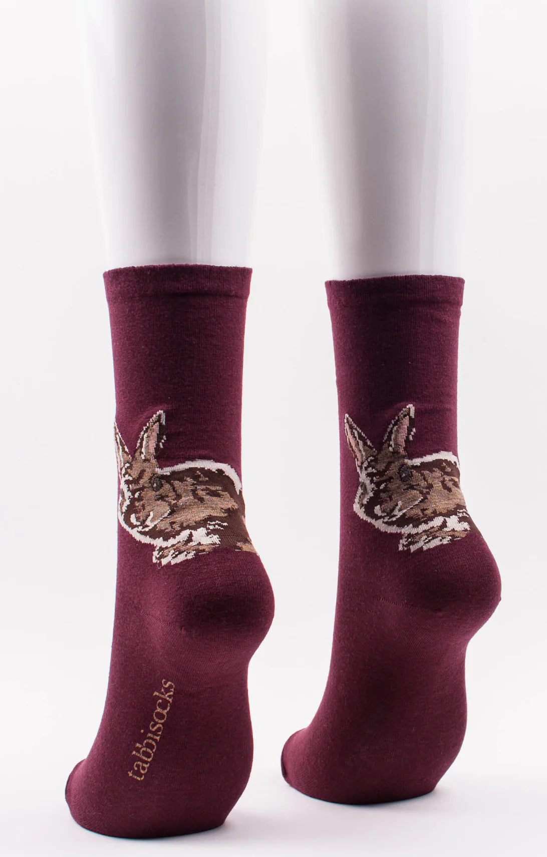 This is a photo of Tabbisocks' product name Animal Rescue Pairs "Bunny Rabbit" Socks Merlot