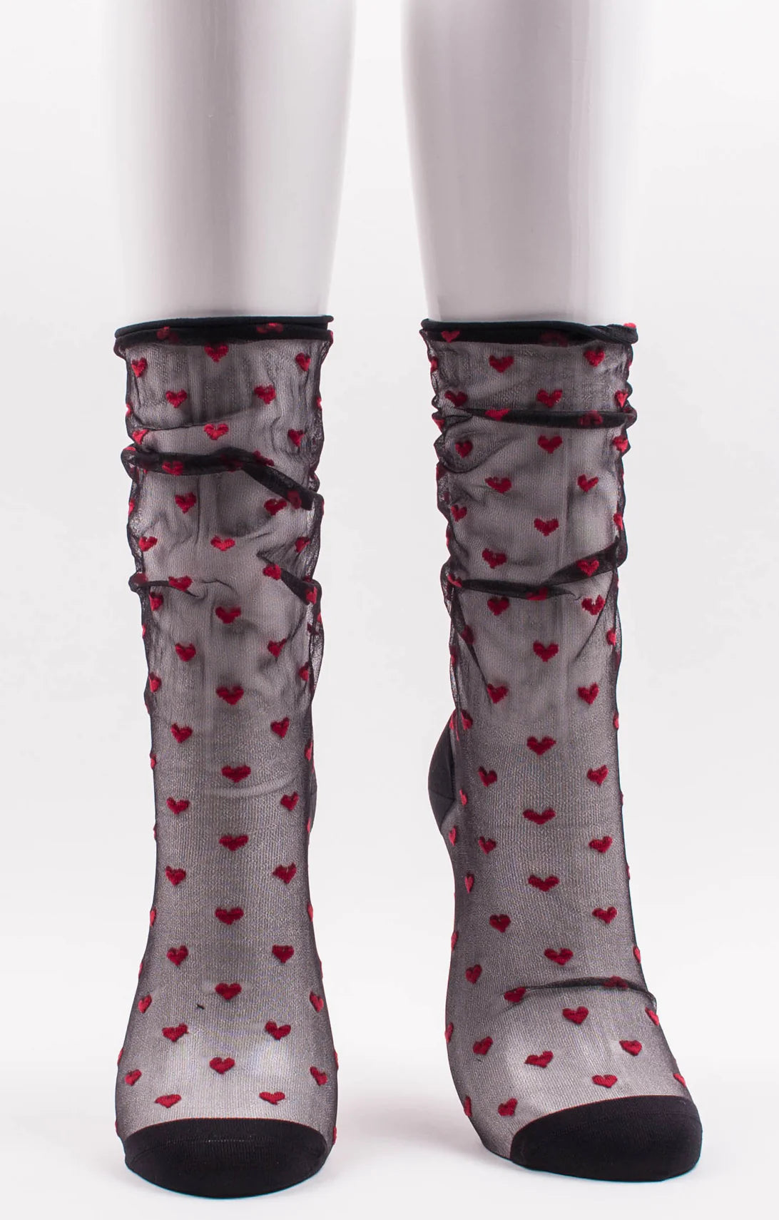 This is a photo of Tabbisocks product name BLACK SHEER HEART TULLE SOCKS Red