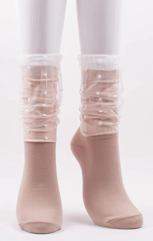 This is a photo of Tabbisocks' product name Dots In Veil Sheer Crew Socks BEIGE