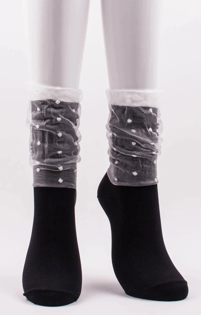This is a photo of Tabbisocks' product name Dots In Veil Sheer Crew Socks Black