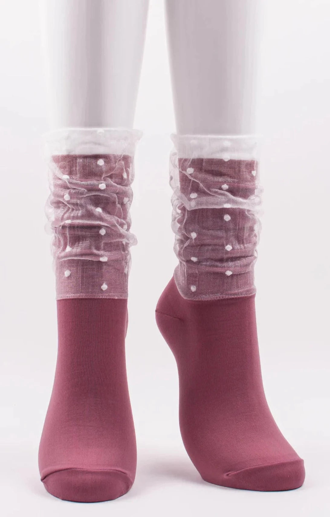 This is a photo of Tabbisocks' product name Dots In Veil Sheer Crew Socks Rose