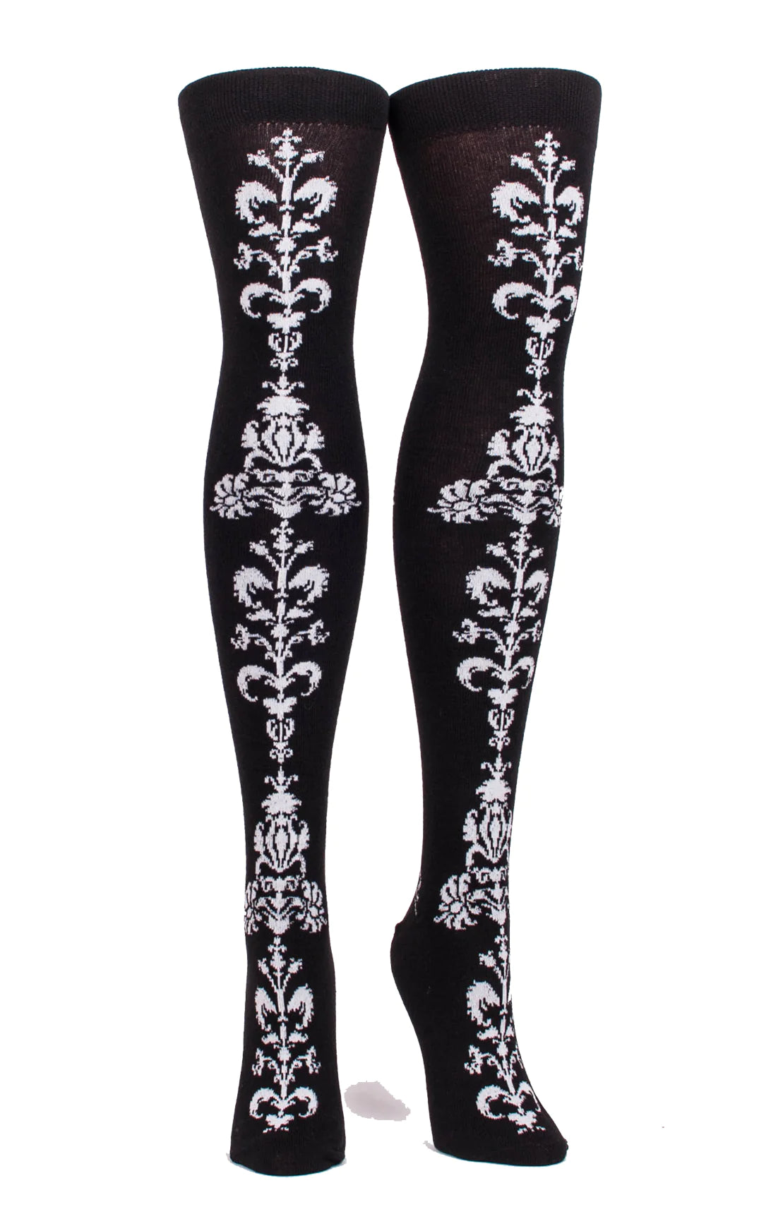 BLACK/WHITE color of a product called Floral Chain Over The Knee Socks by Tabbisocks