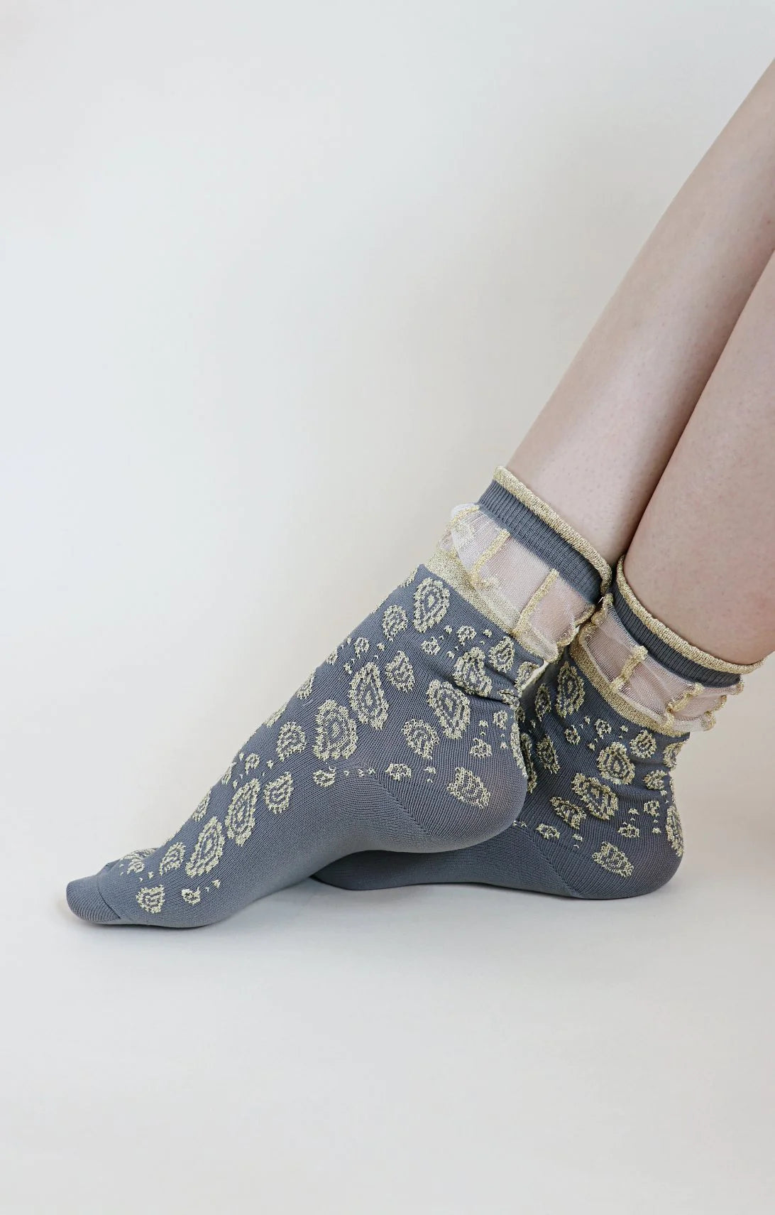 Socks named Golden Paisley Sheer Socks by Tabbisocks, MIDDLE GREY color, side angle