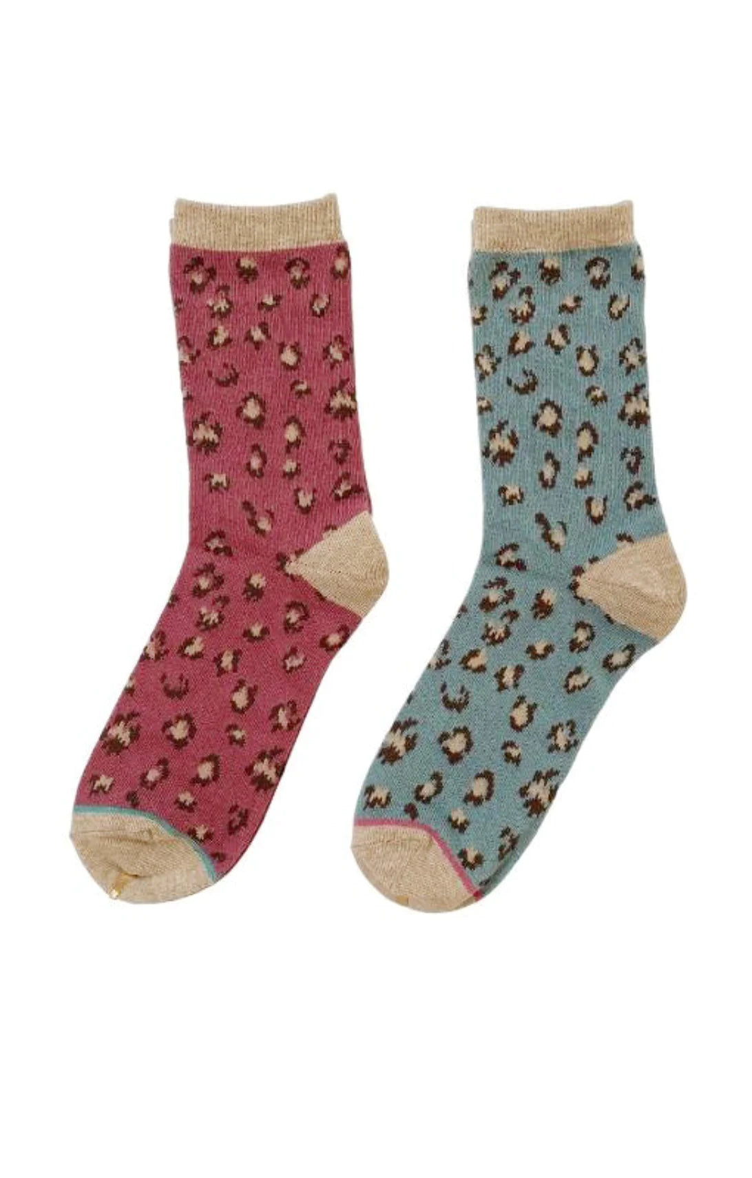 Sample photos of Tabbisocks' Leopard Animal Organic Cotton Crew Socks in MINT and Rose