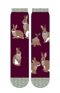 Tabbisocks' Replant Pairs Bunny California Oregon Washington Organic Cotton Crew Socks in a reddish-purplish Burgundy color with a brown rabbit design on the fabric