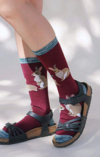 Woman's leg with black leather sandals in a reddish-purplish Burgundy color from Tabbisocks' Replant Pairs Bunny California Oregon Washington Organic Cotton Crew Socks product
