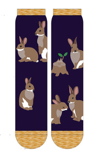 Tabbisocks Replant Pairs Bunny California Oregon Washington Organic Cotton Crew Socks in navy blue with a brown rabbit design on the fabric