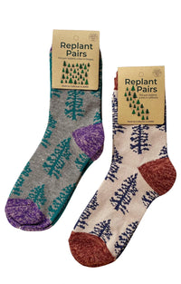 A picture of the Replant Pairs Tree California Oregon Washington Organic Cotton Crew Socks in Grey and Beige color from Tabbisocks