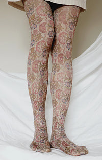 Front view of a woman's leg in ivory skirt wearing tights, 17th Century Panel by the Art Institute of Chicago Printed Art Tights by Tabbisocks