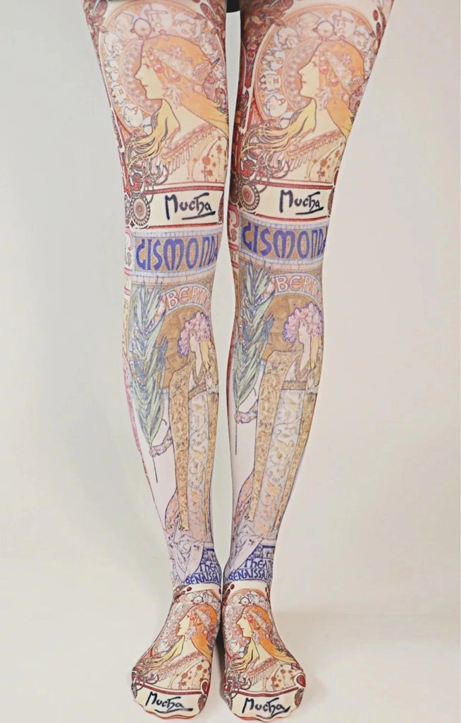 Woman's leg wearing Alfons Maria Mucha Printed Art Tights by Tabbisocks