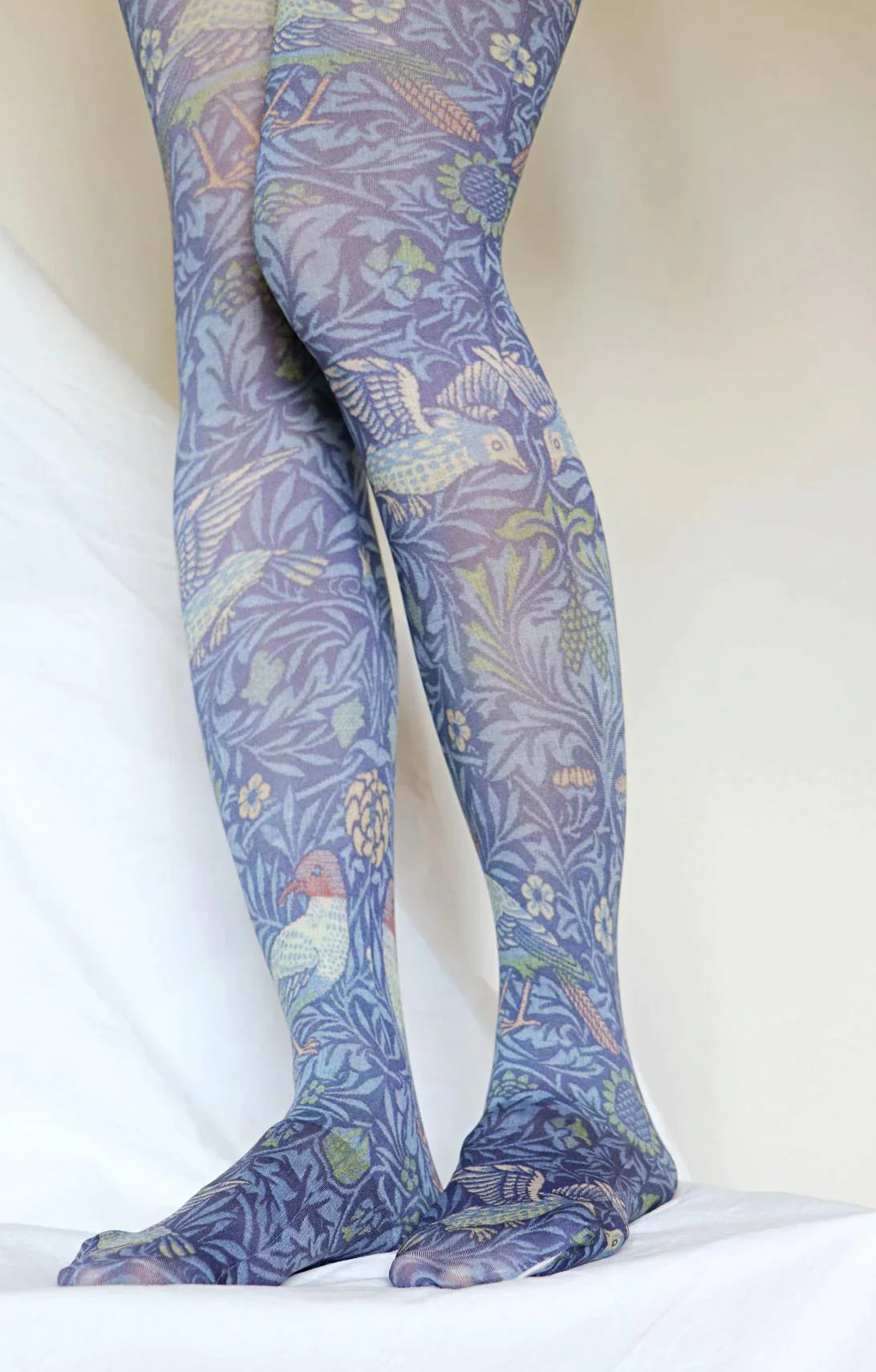 Woman's leg wearing Tabbisocks RBird By William Morris Printed Art Tights