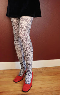 Woman in red heels and black skirt wearing Tabbisocks BRE'R BROTHER RABBIT by William Morris Printed Art Tights