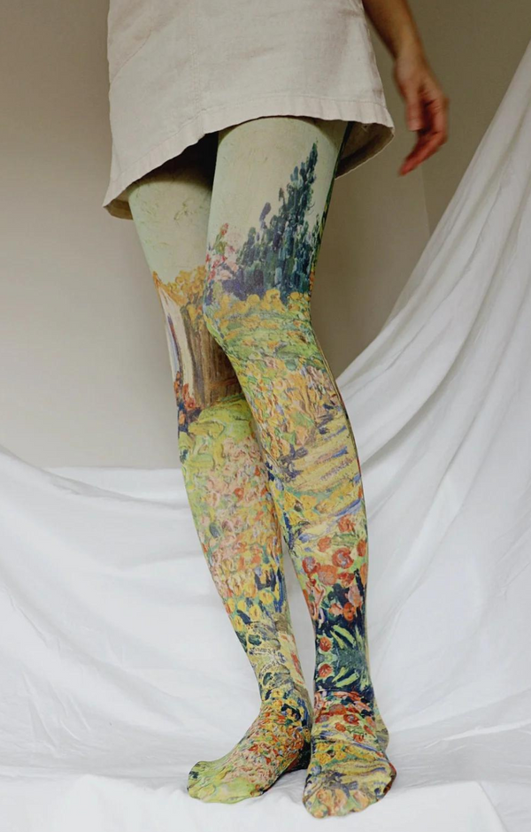 Woman's leg in ivory skirt wearing Tabbisocks Landscape by Van Gogh Printed Art Tights
