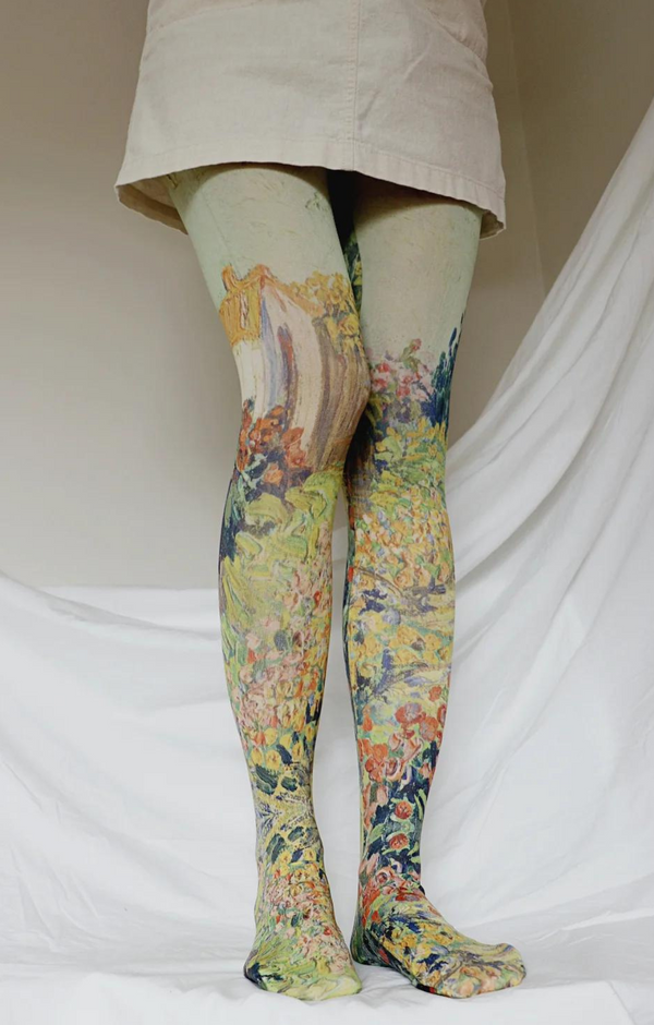 Front view of woman's leg in ivory skirt wearing tights called Landscape by Van Gogh Printed Art Tights by Tabbisocks