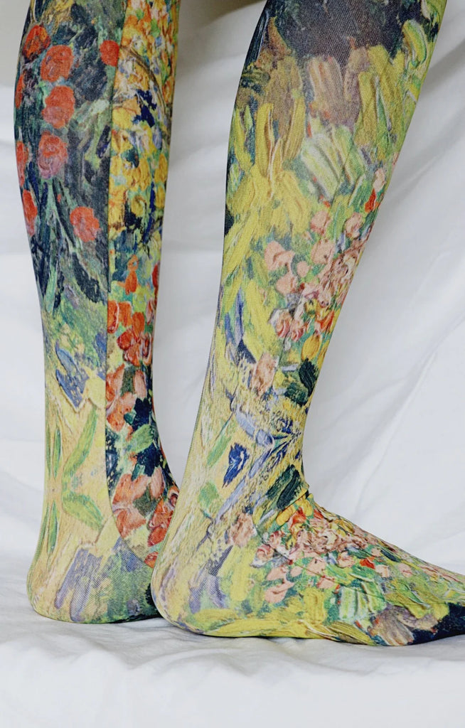 Close-up of a woman's leg wearing a pair of Tabbisocks Landscape by Van Gogh Printed Art Tights