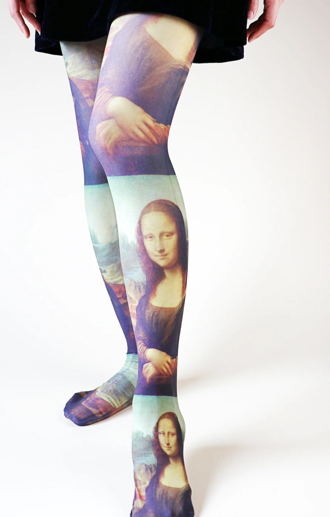 Woman's leg from front view wearing Tabbisocks' Mona Lisa By Leonardo Da Vinci Printed Art Tights