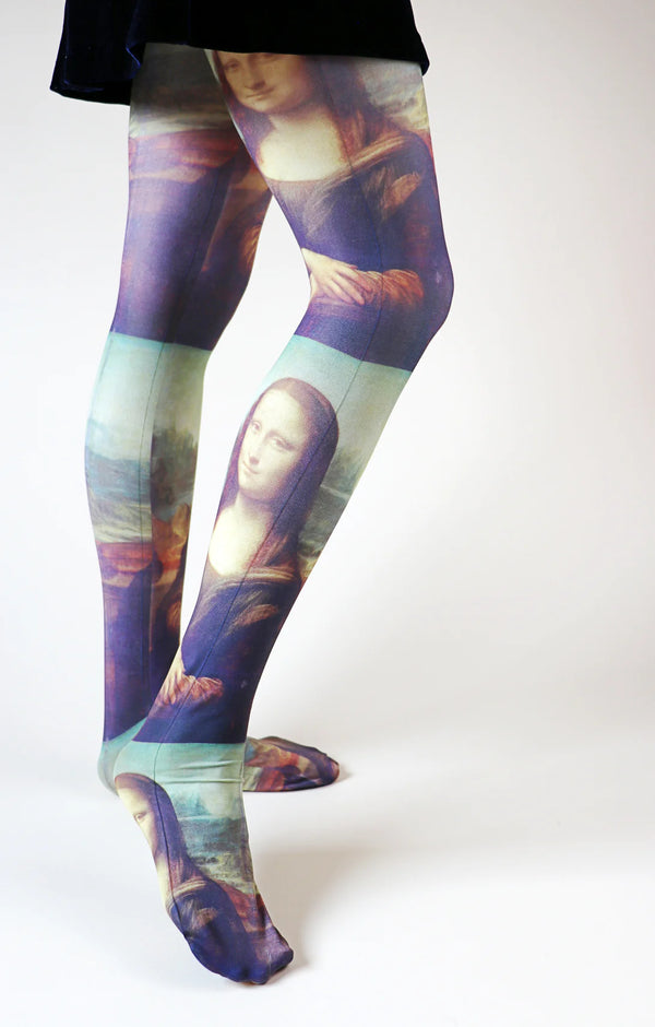 Woman's leg from side view wearing Tabbisocks' Mona Lisa By Leonardo Da Vinci Printed Art Tights