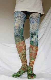 Female leg in ivory colored skirt wearing tights called Poppy field by Van Gogh Printed Art Tights by Tabbisocks