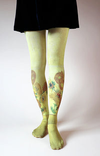 Tabbisocks Van Gogh Sunflowers (4Th London Version) Woman's legs seen from front in black skirt wearing Printed Art Tights