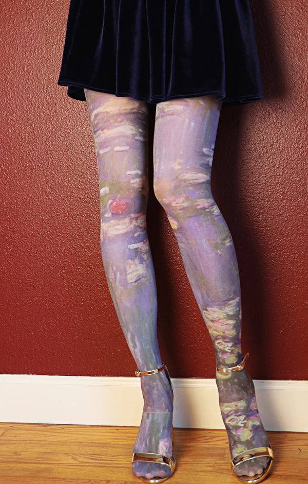 Woman's leg wearing Tabbisocks' WATER LILIES by CLAUDE MONET Printed Art Tights
